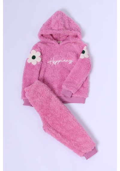 Hçm Kız Çocuk Peluş Alt-üst Takım Çiçek Baskılı Kapşonlu D25 Pembe