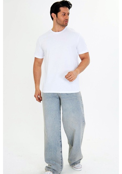 Trendhill Erkek Beyaz Pamuklu Bisiklet Yaka Büyük Beden T-shirt Byz5014b