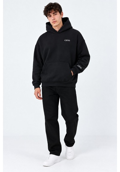 We&me Oversize Geniş Kalıp Baskılı Kapüşonlu Erkek Sweatshirt Siyah