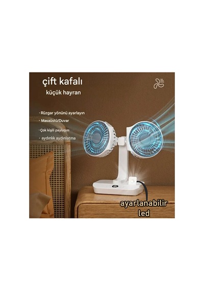 Hr001 Çift Kafalı Vntilatör Otomatik Salınımlı Şarjlı Masaüstü Ve Duvara Asılabilir Fan Serinletici Led Işıklı Mini Klima