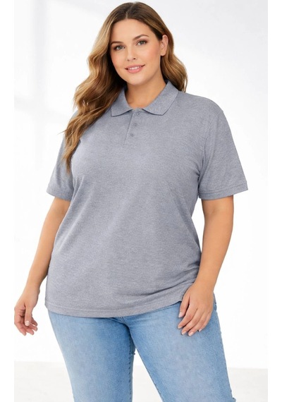 Wear Vexel Kadın Battal Beden Tişört Polo Yaka Pike Kumaş Kısa Kol T-shirt - Gri Gri