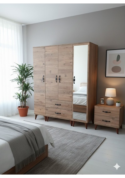 Koru 4 Kapaklı Dolap Gardırop - Çam M3 Çam