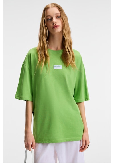 ETHIQUET ZEY INA Kadın %100 Pamuk Baskılı Regular Fit Kısa Kollu Bisiklet Yaka Yeşil T-Shirt