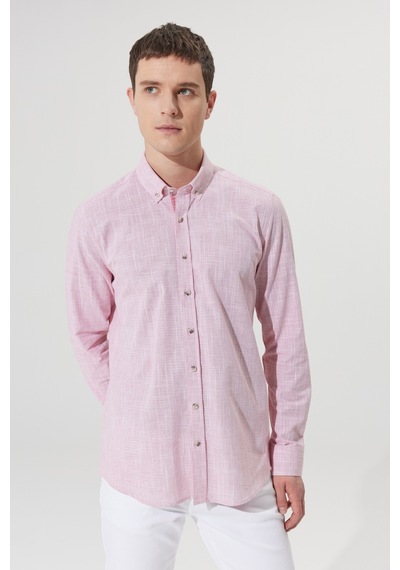 Ac&Co / Altınyıldız Classics Erkek Bordo Slim Fit Dar Kesim Düğmeli Yaka Keten Görünümlü %100 Pamuk Flamlı Gömlek Bordo