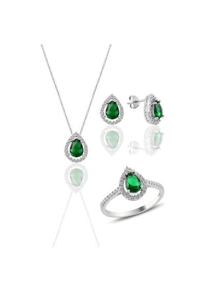 Gümüş Rodyumlu Kök Zümrüt Taşlı Damla Modeli Üçlü Set