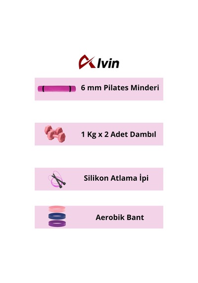 Dayanıklı Ve Fonksiyonel Pilates Ve Egzersiz Seti Pilates Minderi, Dambıl, Aerobik Bant, Atlama İpi Pembe