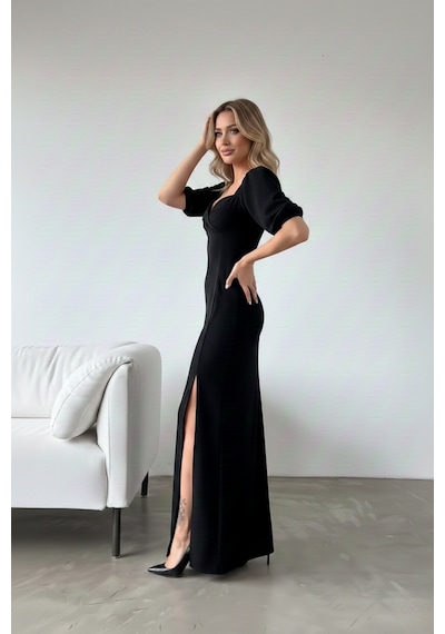 Defymoda Kadın Yırtmaçlı Şık Tasarım Krep Elbise Siyah