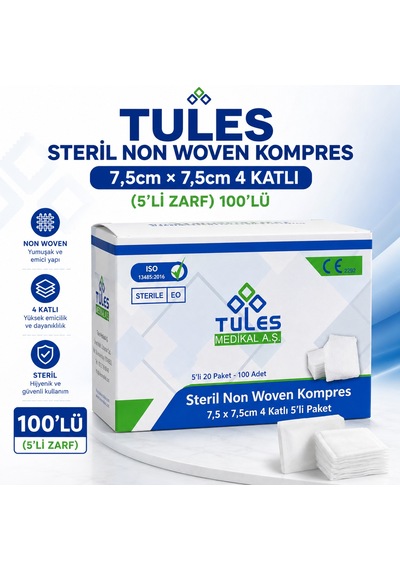 Tules Steril Nonwoven Kompres 7,5 7,5cm 4 Katlı 5'li Zarf 100'lü 10 Adet