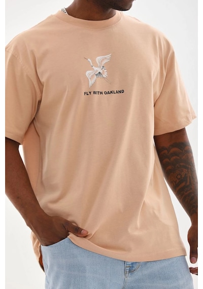 Barlashive Erkek Baskılı T-shirt Kısa Kol Bisiklet Yaka Rahat Kalıp Tişört - Bej Çok Renkli