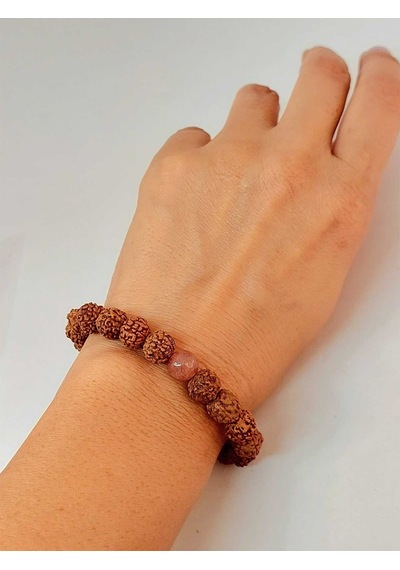 Çilek Kuvars Taşlı Rudraksha Tohum Unisex Bileklik 8mm Bakır