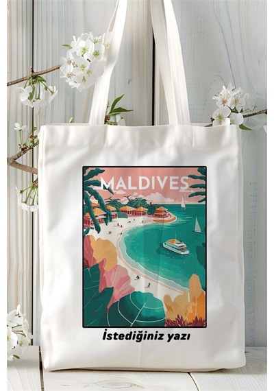 Art Hediye Maldives Maldivler Baskılı Bez Çanta Omuz Çantası Kişiye Özel Desen Çok Renkli