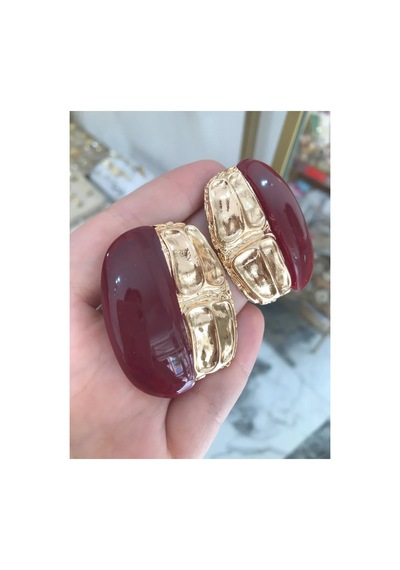 Gold Detaylı Küpe Bordo