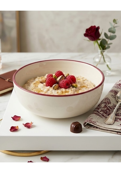 Porselen Kırmızı File Kenar Kase Salata, Çorba Ve Kahvaltılık Sunum Kasesi - 17 Cm 2'li Set Beyaz