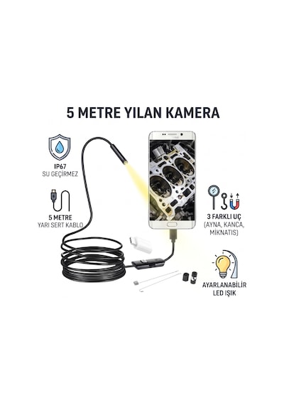 Zvnm 5 Metre Yılan Kamera - Led Işıklı - Ip67 Su Geçirmez - 3 Farklı Başlıklı Zcv12