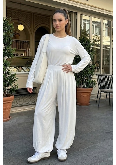 Madmext Ekru Likralı Modal Şalvar Takım Mg2784