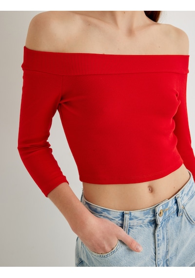Koton Omzu Açık Crop Tişört Dirsek Boy Kol Pamuklu Slim Fit Kırmızı 4sak50021pk Kırmızı