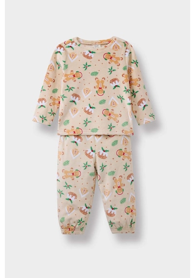 Defacto Erkek Bebek Pijama Takımı Yılbaşı Temalı Uzun Kollu Velur Üst Uzun Alt F5561a525wnbg358 Bej-bg358
