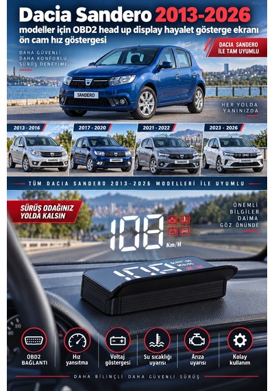 Dacia Sandero 2013-2026 Modeller İçin Obd2 Head Up Display Hayalet Gösterge Ekranı Ön Cam Hız Göstergesi