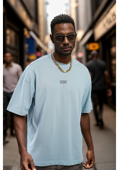 Balenbi Unisex Bisiklet Yaka Oversize Kalıp Penye Tişört 1004 Petrol