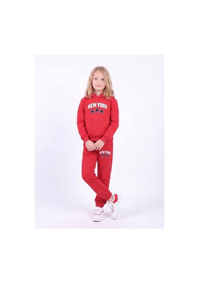 Panios Kids Kız Çocuk Baskılı Kanguru Cepli Kapüşonlu Eşofman Takımı Kırmızı