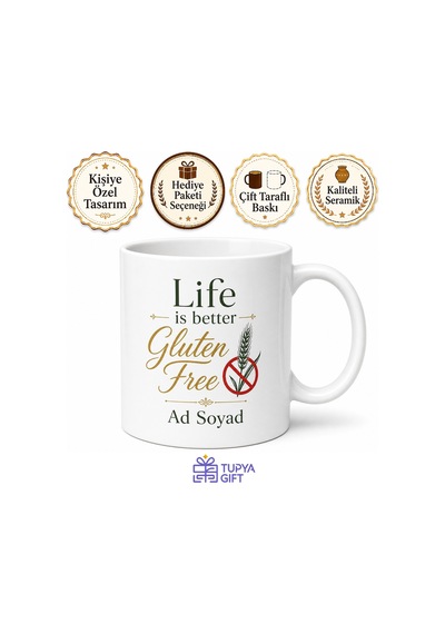 Gluten Free Baskılı Glütensiz Beslenenlere Özel İngilizce Kahve Kupası Hediye Beyaz / Çok Renkli