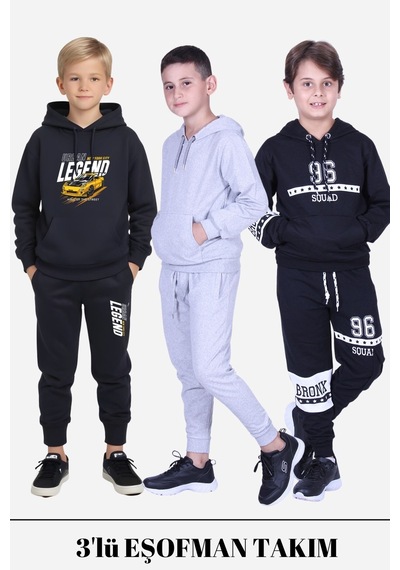 Fyk Kids Erkek Çocuk 3lü Kapüşonlu-kanguru Cepli Baskı Detaylı Eşofman Takımı Çok Renkli