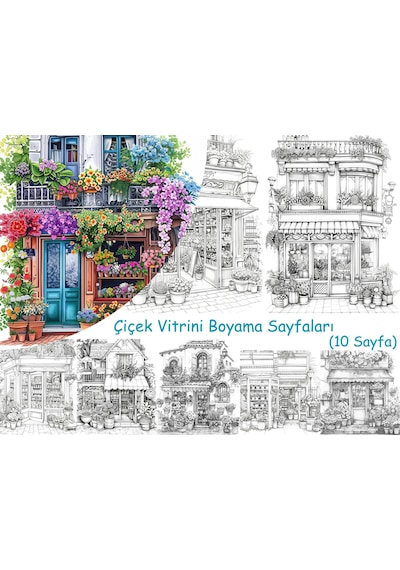 Çiçek Vitrini Boyama Sayfaları, 10 Adet A4 Boyut .