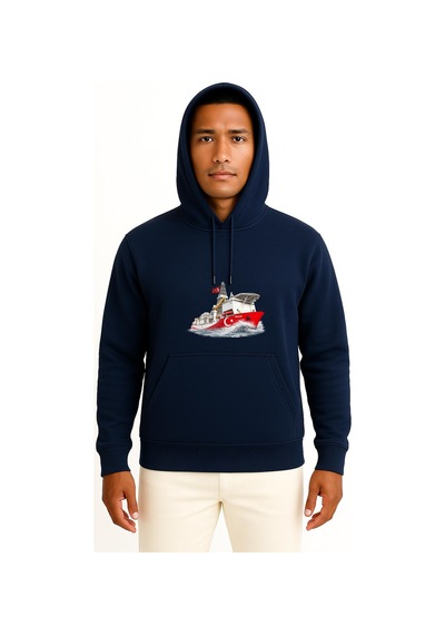 Bahriyeli Collection Kapüşonlu Yavuz Sondaj Gemisi Dalgalar Arası Göğüs Ve Sırt Baskılı Unisex Sweatshirt Lacivert