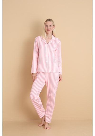 Wordex Mirano 9801 Şardonlu Soft Kışlık Düğmeli Çizgili Kadın Pijama Takım Pembe