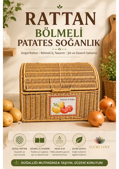 Rattan Bölmeli Patates Soğanlık Kapaklı Mutfak Saklama Sepeti Çıkarılabilir Astarlı Bej
