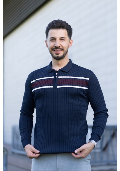 Hk Premium Kazak Polo Yaka Fermuarlı Şerit Detaylı Triko Lacivert