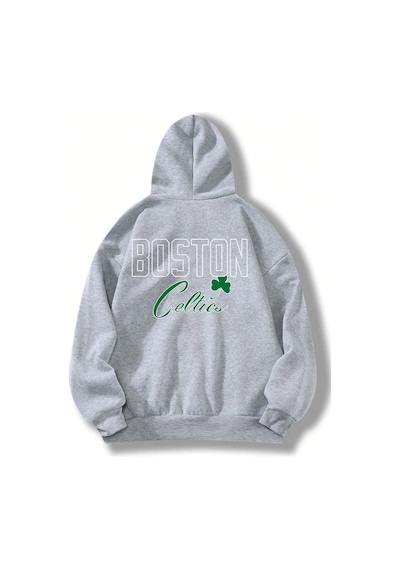 Tarzsokak Boston Renkli Baskılı Oversize Kapüşonlu Sweatshirt Gri