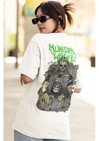 Municipal Waste Rock Metal Müzik Grubu Sırt Baskılı Unisex Oversi Beyaz