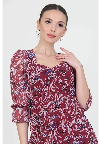 Dip Moda Kadın Kalp Yaka Desenli Şifon Elbise Dpry0030 Bordo