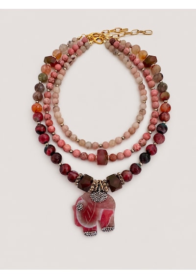 El Yapımı Pembe Opal, Rodonit & Pembe Akik Doğal Taş Kolye Seti