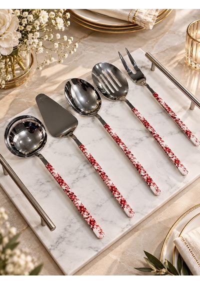 5 Parça Sos Kepçe Servis Takımı Floral Red-7965 Çok Renkli