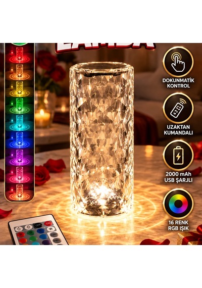 Kristal Masa Lambası 16 Renk Rgb 2000 Mah Usb Şarjlı Dokunmatik Ve Kumandalı Renkli