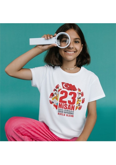 Alpşan Ticaret 23 Nisan Çocuk Bayramı Baskılı Çocuk Tişört 23 Nisan T-shirt 51 Beyaz