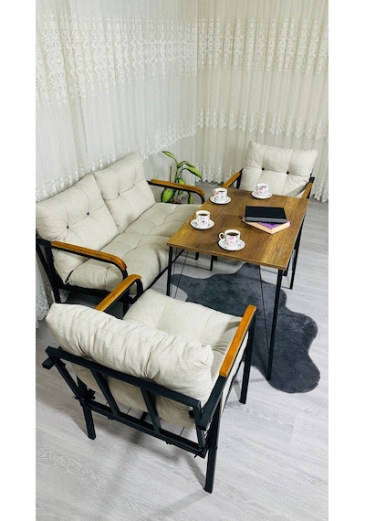 Madame Home Kadife Balkon, Bahçe,teras,cafe - Salon - Metal Kanepe Koltuk Takımı - 2+1+1 + Masa Krem