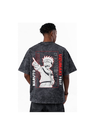 Naruto Uzumaki Jinchuriki Anime Baskılı Unisex Oversize Eskitme Y Siyah