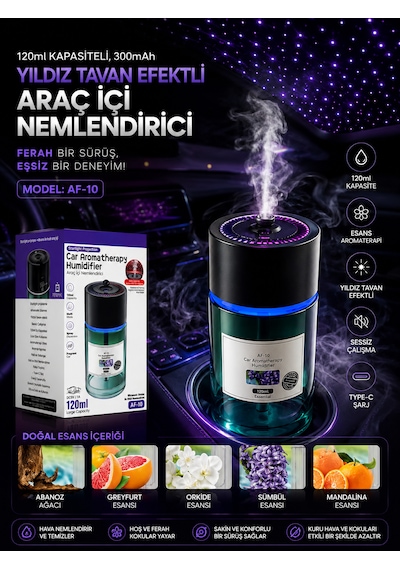 Araç İçi Hava Nemlendirici 120ml Yıldız Tavan Efektli Sessiz 300mah Şarjlı Araba Kokusu
