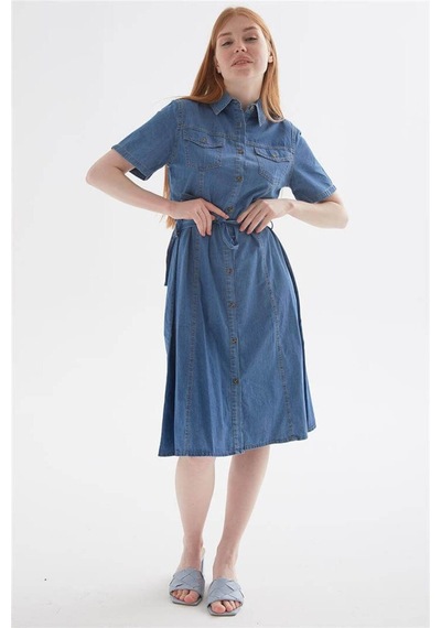 Fashion Friends Kısa Kollu Kemerli Midi Denim Elbise Elbise 24y0108k1 Mavi