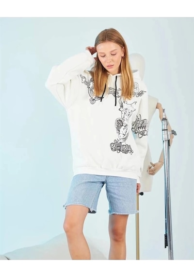 Defymoda Kapüşonlu Üç İplik Sweatshirt Beyaz Strong Heykel Baskılı, Rahat Kalıp, Kanguru Cepli Modern Tasar Siyah