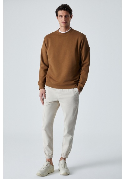 Grimelange OLLIE Erkek Bisiklet Yaka Regular Uzun Kollu Nakış Detaylı Koyu Kahverengi Sweatshirt
