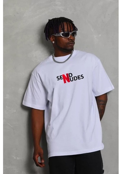 Yake Store Unisex Bisiklet Yaka Double Oversize Baskılı T-shirt - Beyaz - Beyaz