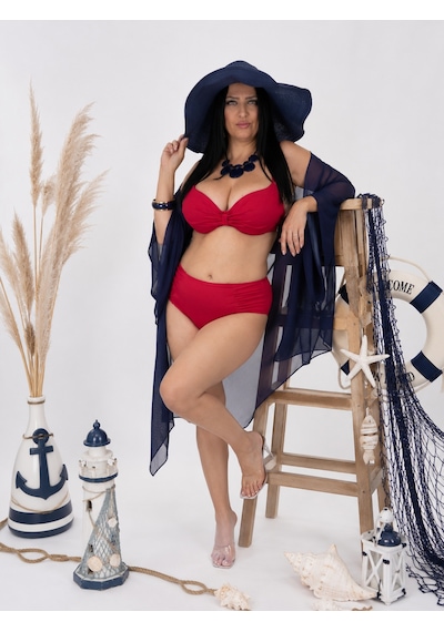Büyük Beden Kaplı Telli Canlı Çiçek Desenli Orta Bağlantılı Tasarım Ayarlanabilir Askılı Kadın Bikini Takım Kırmızı