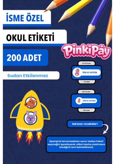 İsim Yazılabilir Sevimli Hayvanlar Uzayda Temalı Okul Etiketi Kalem & Defter İçin 200 Adet Çoklu