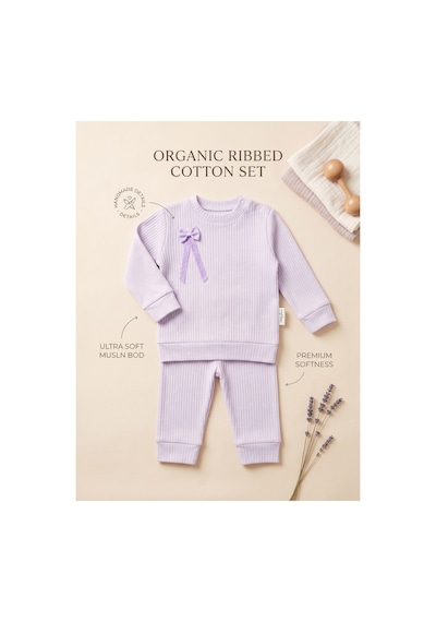 Deniva Kids Kız Bebek Lila Fitilli Kaşkorse Fiyonk Detaylı Omuzdan Çıtçıtlı Uzun Kollu Alt Üst Takım Mor