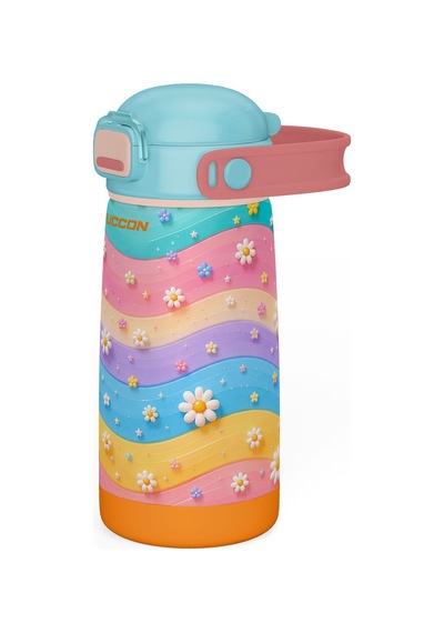 Puccon Kız Çocuk Çelik Okul Matarası Suluğu Pipetli 420 Ml Çok Renkli Çiçek Baskılı 60034