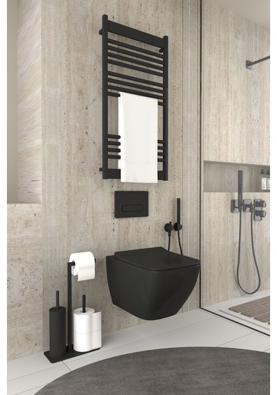 Aju Tuvalet Kağıtlığı Yedekli Tuvalet Fırçası Standı Metal Ağır Devrilmez Modern Wc Kağıtlık Tutacağı Siyah